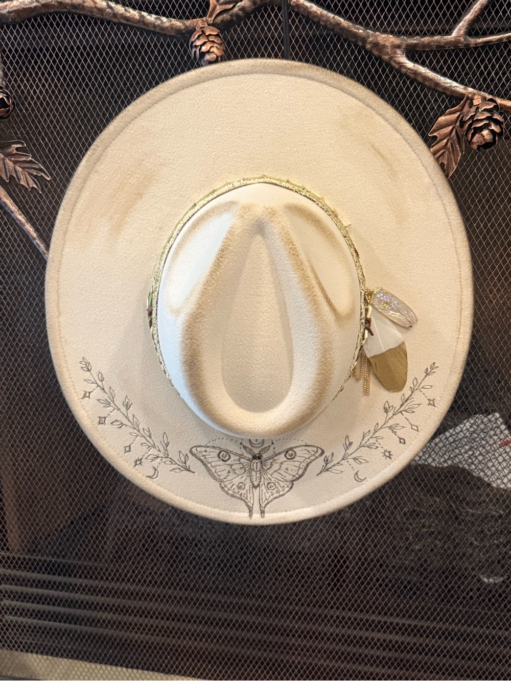 Women's Hand Burned Cream Wide-Brim Felt Hat with Decorative Band